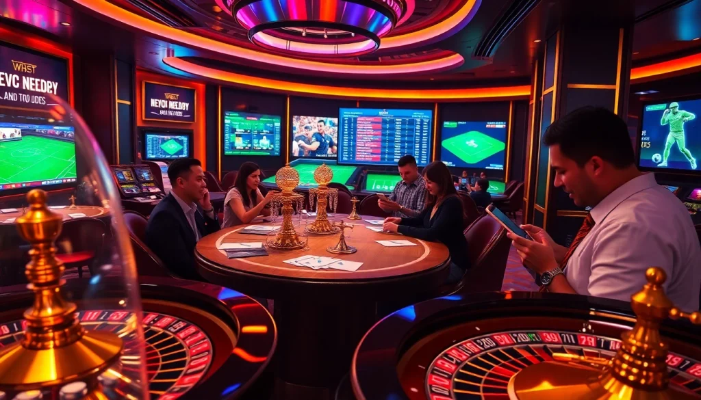 Excited bettors engaging in pari sportif crypto with vibrant casino ambiance and digital screens.