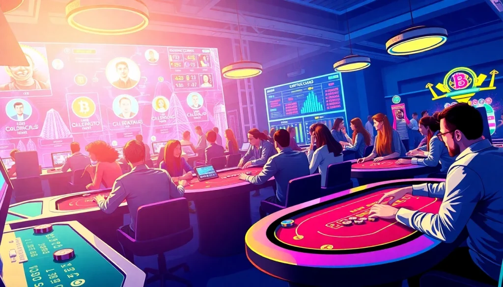 Joueurs participant avec enthousiasme aux crypto casinos en ligne dans une ambiance dynamique.