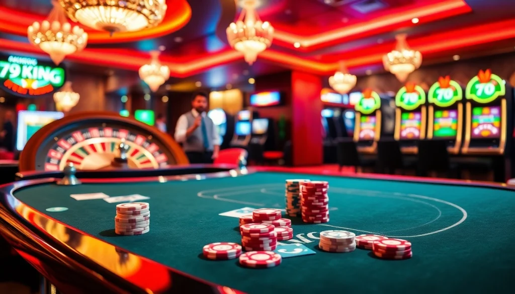 Engaging scene of casino excitement featuring 79 King branded gaming elements.