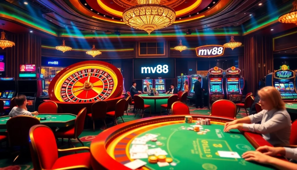 Exciting casino scene featuring mv88 branding with roulette, poker tables, and slot machines.