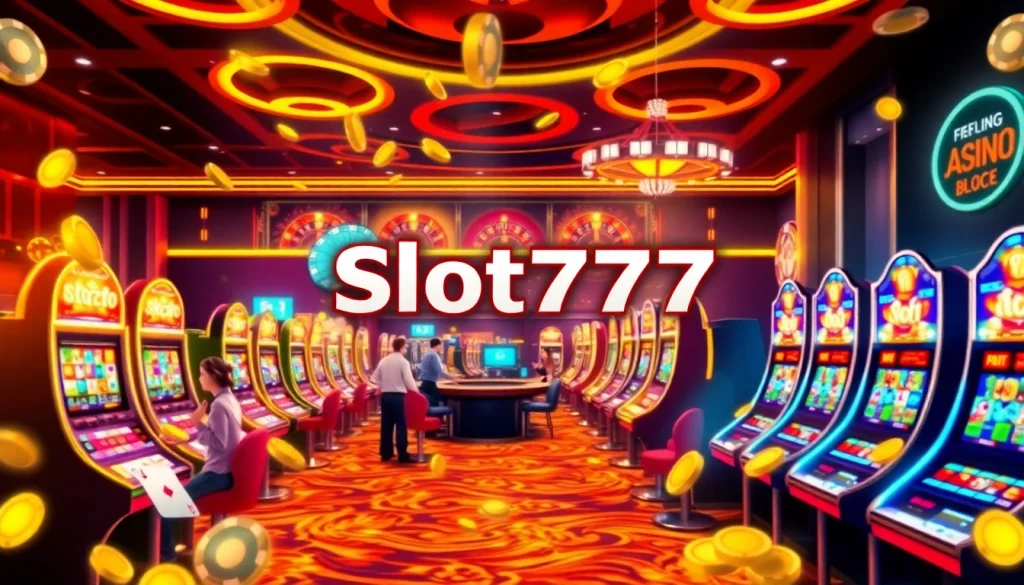 Engaged players enjoying Slot777 online gaming experience amid vibrant casino visuals.