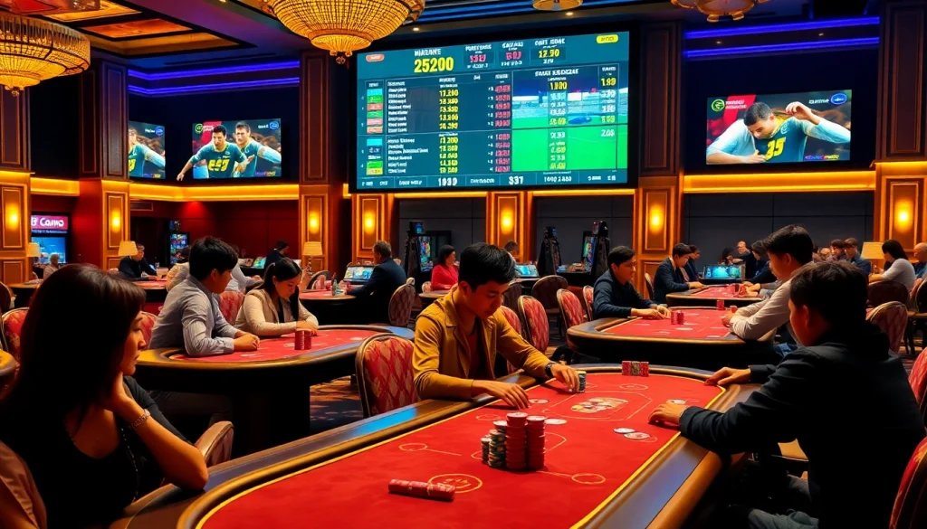 Exciting gameplay at a casino with kèo bóng đá updates displayed prominently on screens.