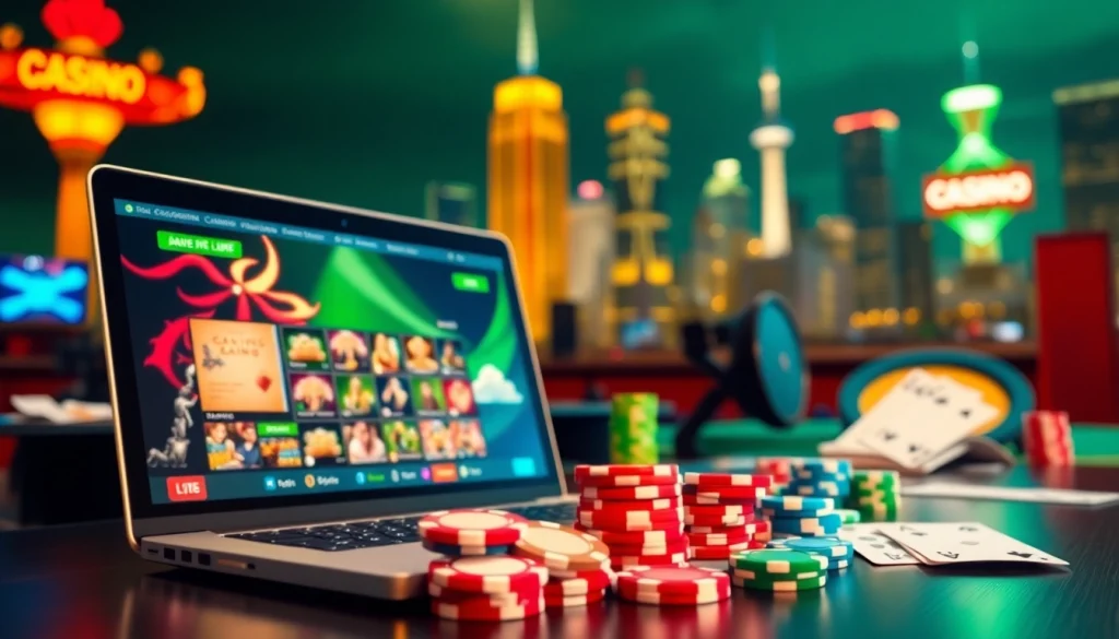 Jouer à casino en ligne avec un ordinateur portable entouré de jetons et cartes de poker.