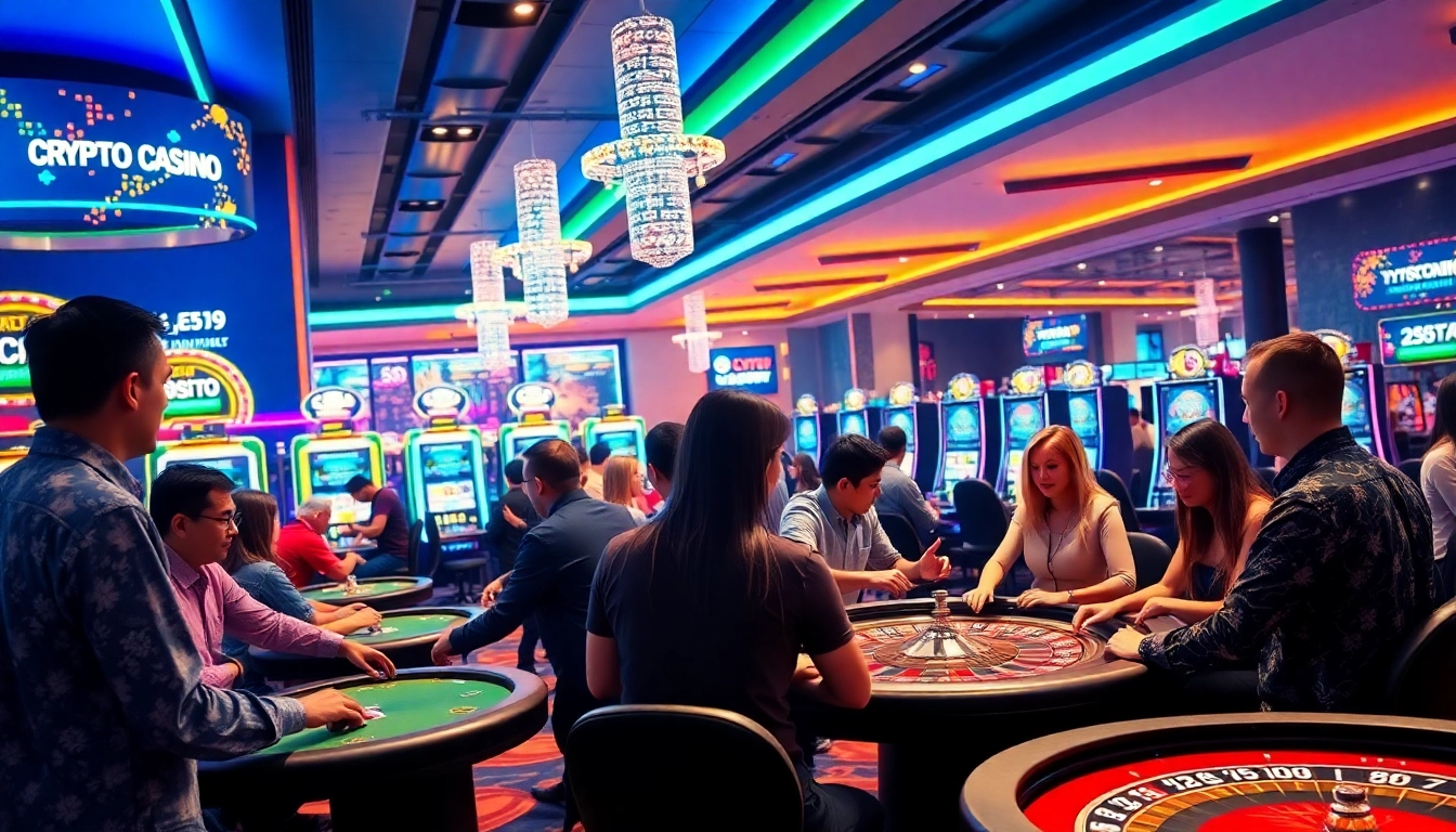 Les jeux dans les crypto casinos sont animés par des joueurs enthousiastes, illuminés par des lumières néon.