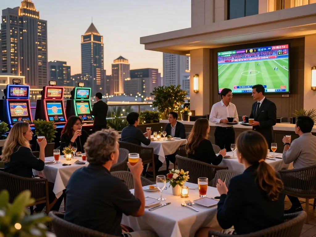 Engaged patrons at cm88 casino hotel terrace celebrating sports betting excitement under warm ambient lights.