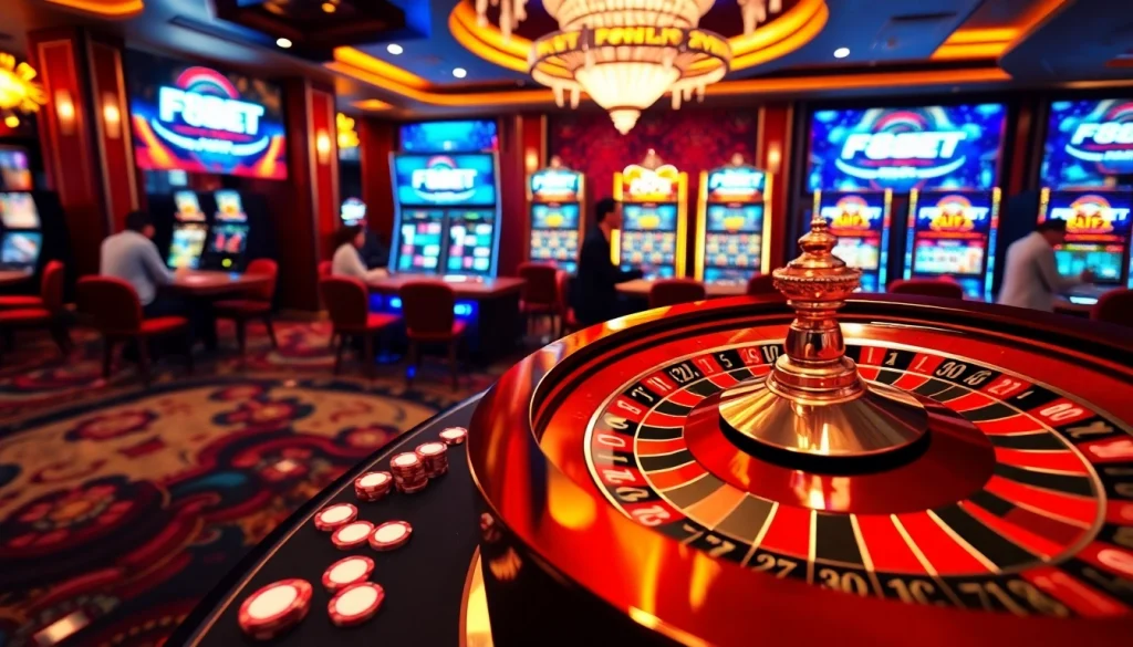 Engaging players at F8BET's luxurious online casino, surrounded by poker chips and a roulette wheel.