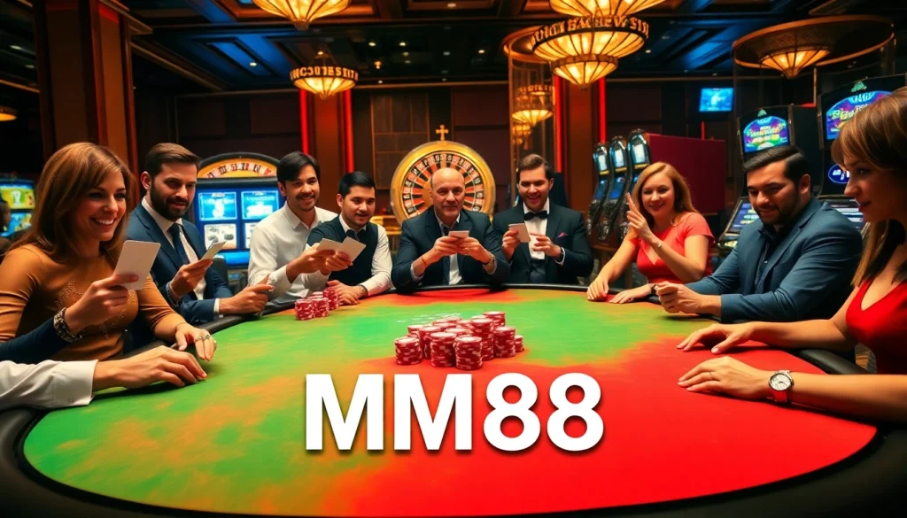 MM88 poker players engage in a high-stakes game with vibrant atmosphere and luxury casino elements.