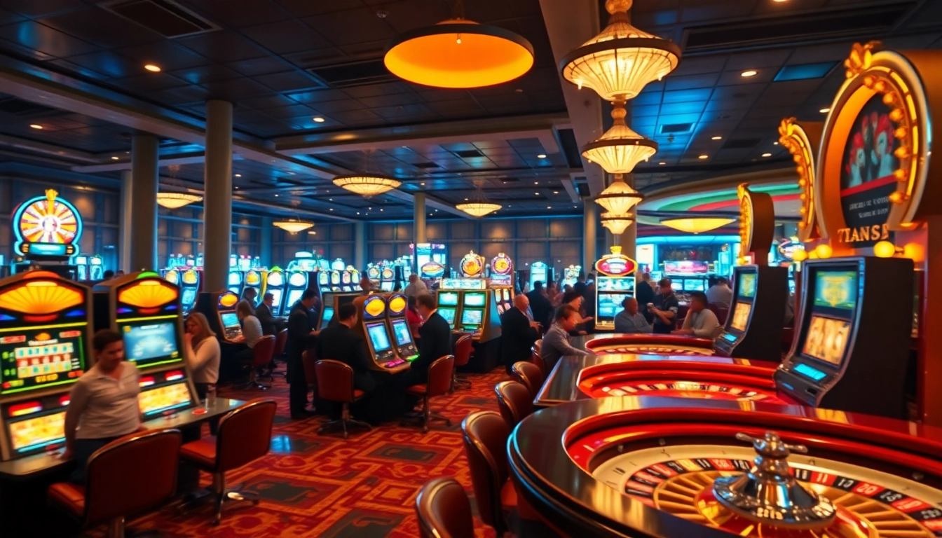 Vibrant casino en ligne atmosphere with excited players and illuminated gaming floor.