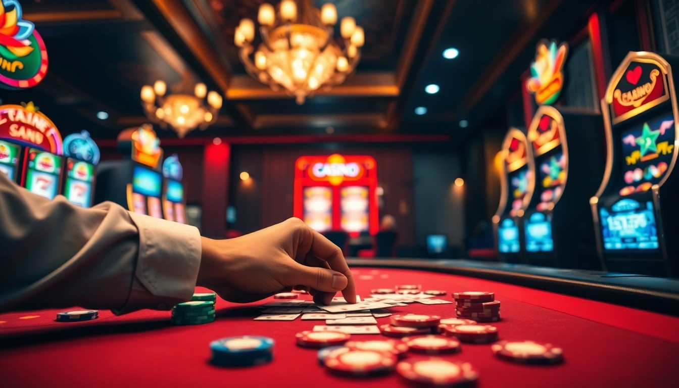 Jouer au casino en ligne avec des cartes éclatantes et des jetons colorés sur une table de jeu animée.