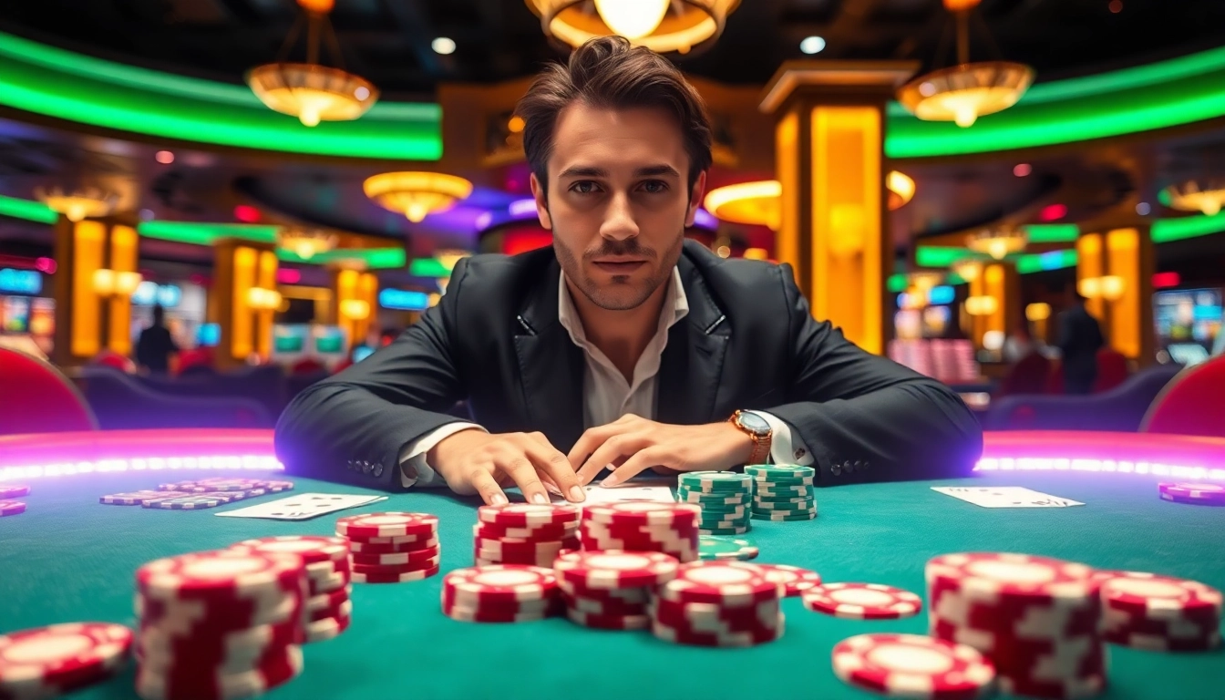Jouer au meilleur casino en ligne avec un croupier au poker à une table éclairée