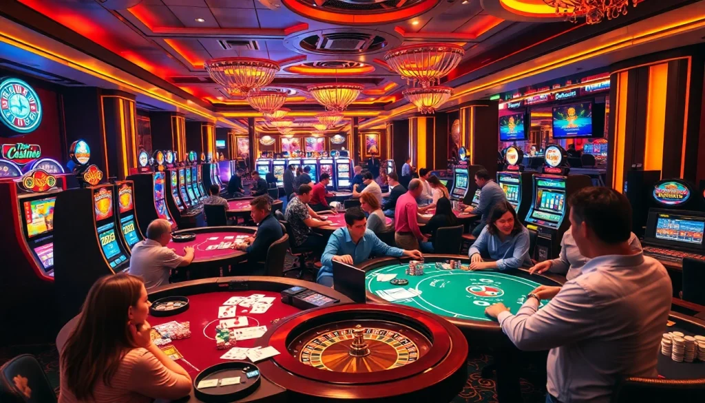 Excitement in a casino en ligne argent réel with players engaging at tables, showcasing vibrant games.