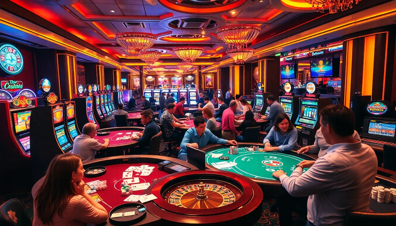 Excitement in a casino en ligne argent réel with players engaging at tables, showcasing vibrant games.