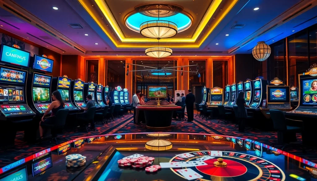 Engage in excitement with Đăng Nhập Nhà Cái 68VIP in a vibrant casino scene filled with slot machines and gaming tables.