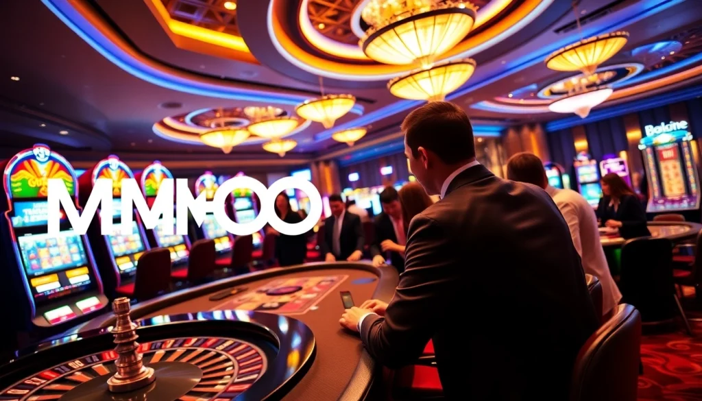 MMOO casino players engaging at a vibrant slot machine table.