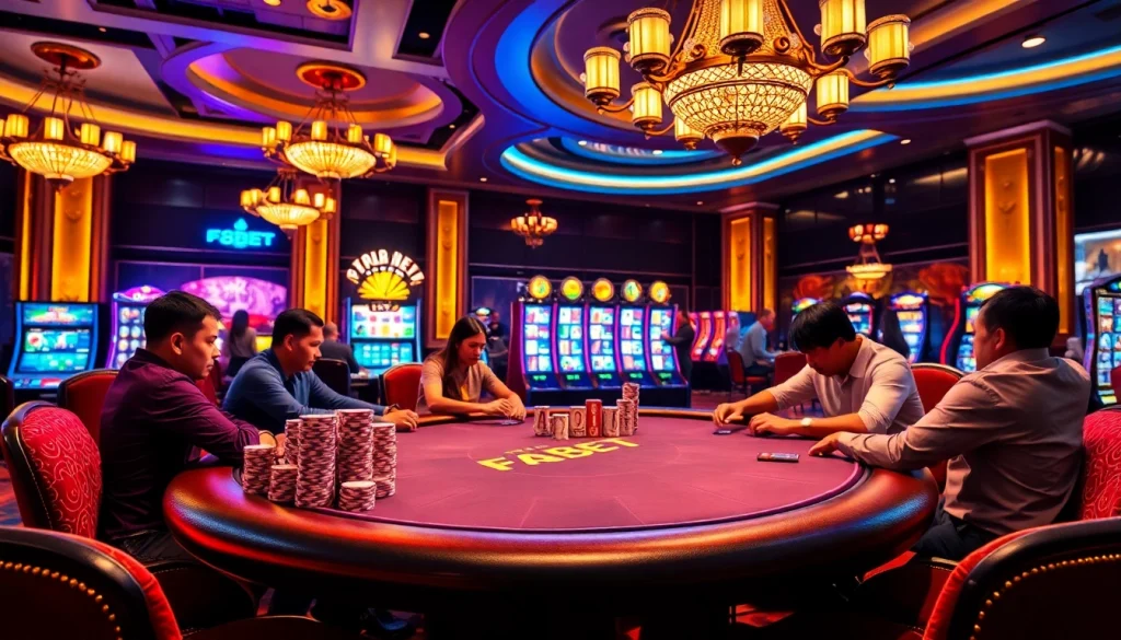 Players enjoying an exciting game at the F8BET casino table amidst vibrant surroundings.