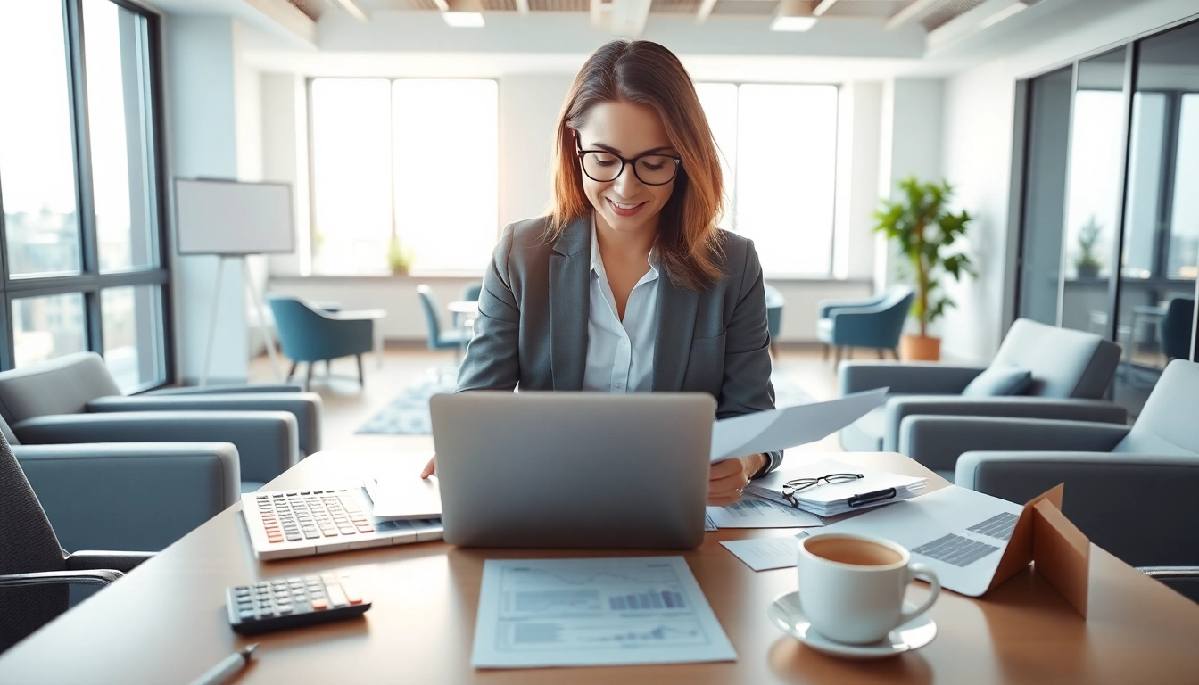 Auditeur Luxembourg analysant des documents financiers dans un bureau moderne et lumineux.