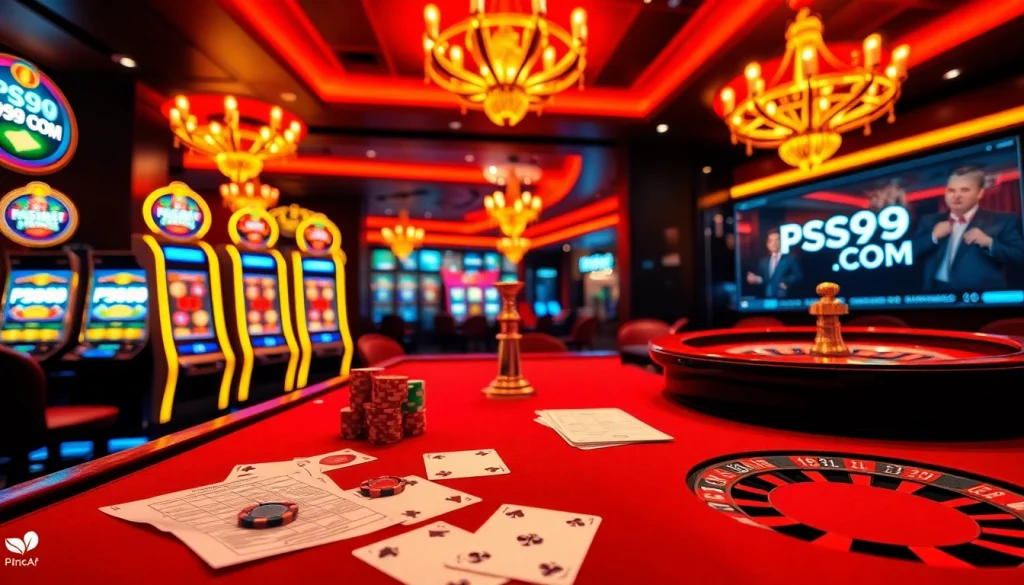 Experience excitement with the luxurious gaming layout showcasing PS99 COM casino elements like poker chips and a roulette wheel.