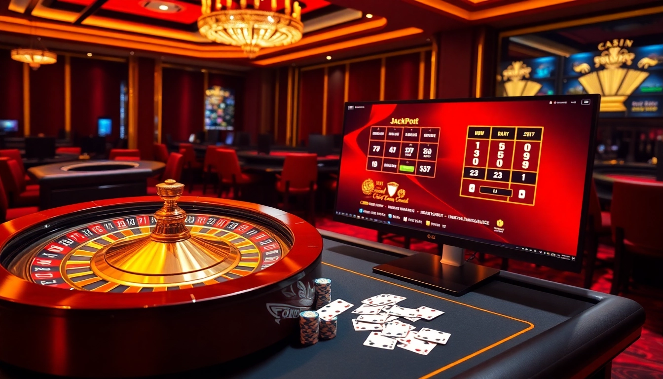 Experience the thrill of casino en ligne argent réel with a luxurious online gambling setup and roulette wheel.