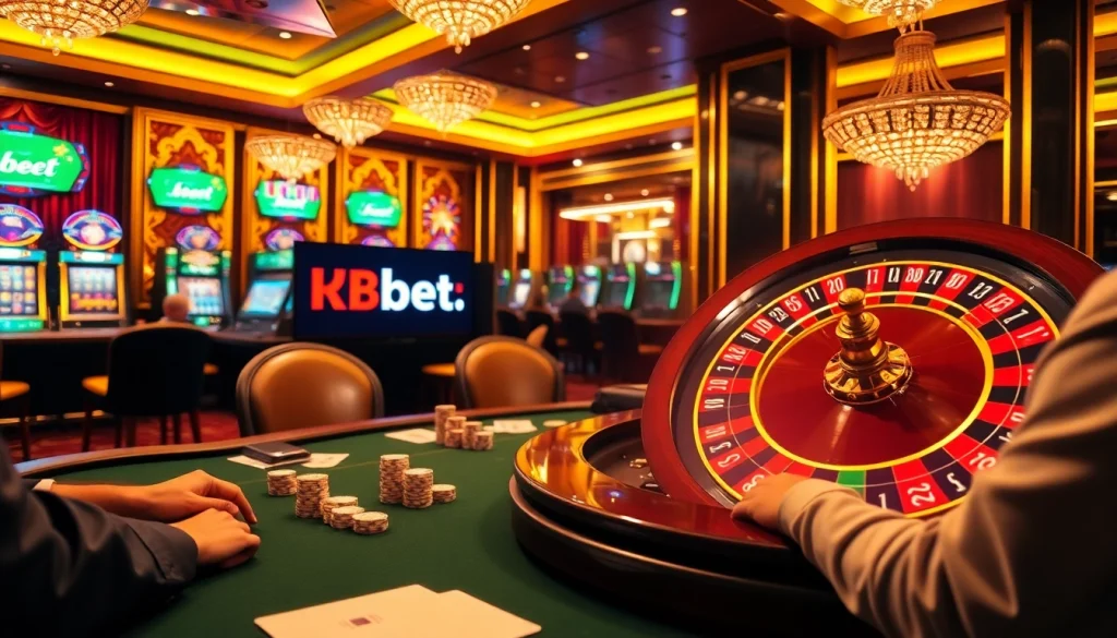 A vibrant scene at a luxurious poker table with kbbet.tech logo, illustrating the excitement of high-stakes gambling.