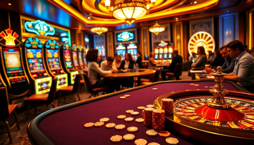 Engaging casino scene with poker and slot machines, highlighting https://topclub.bond/ for excitement and luxury.
