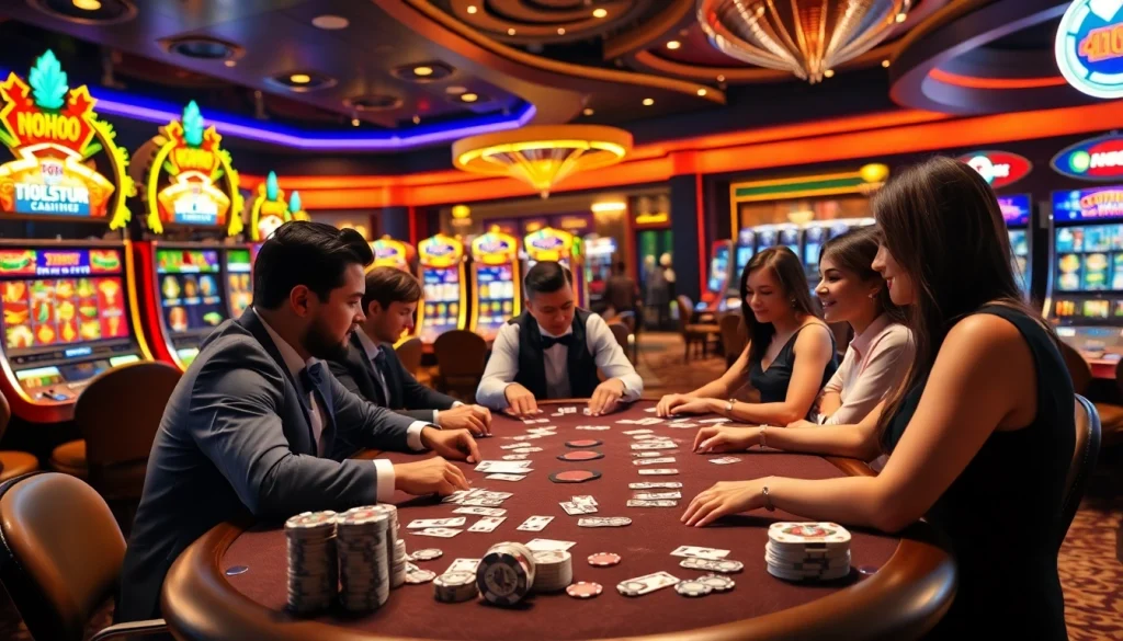 Nohu90 players enjoying a thrilling poker game in a luxurious casino setting.