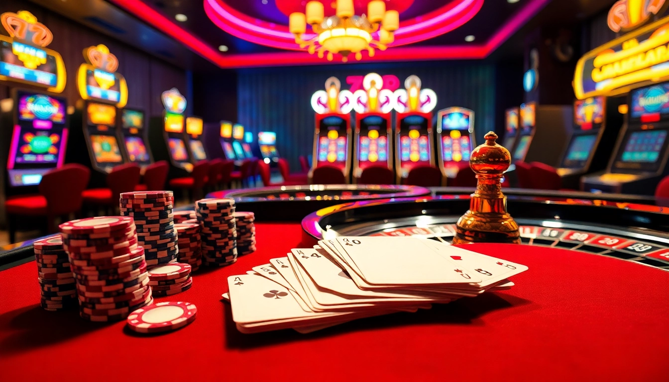 Exciting scene at a casino table showcasing 789P poker chips and vibrant roulette wheel atmosphere.