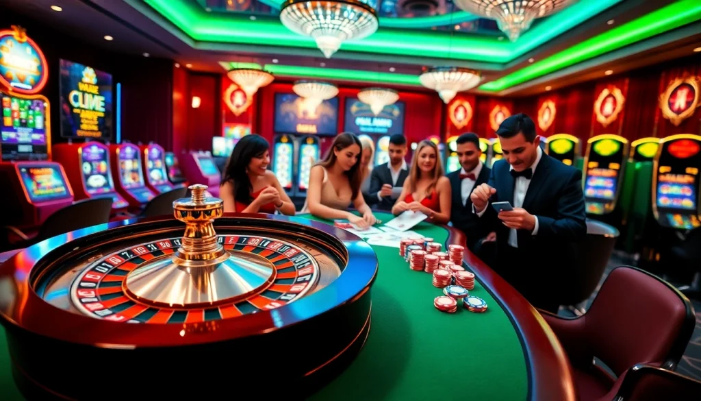 Experience thrilling gameplay at Fly88 with vibrant casino tables, spinning roulette, and engaged players.