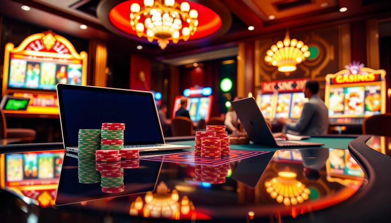Exciting scene depicting casino en ligne argent réel with poker chips and slot machines.