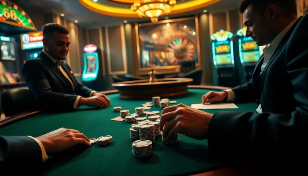 Scène captivante d'un casino en ligne argent réel avec des joueurs de poker et une roulette, mettant en avant une action de jeu palpitante.
