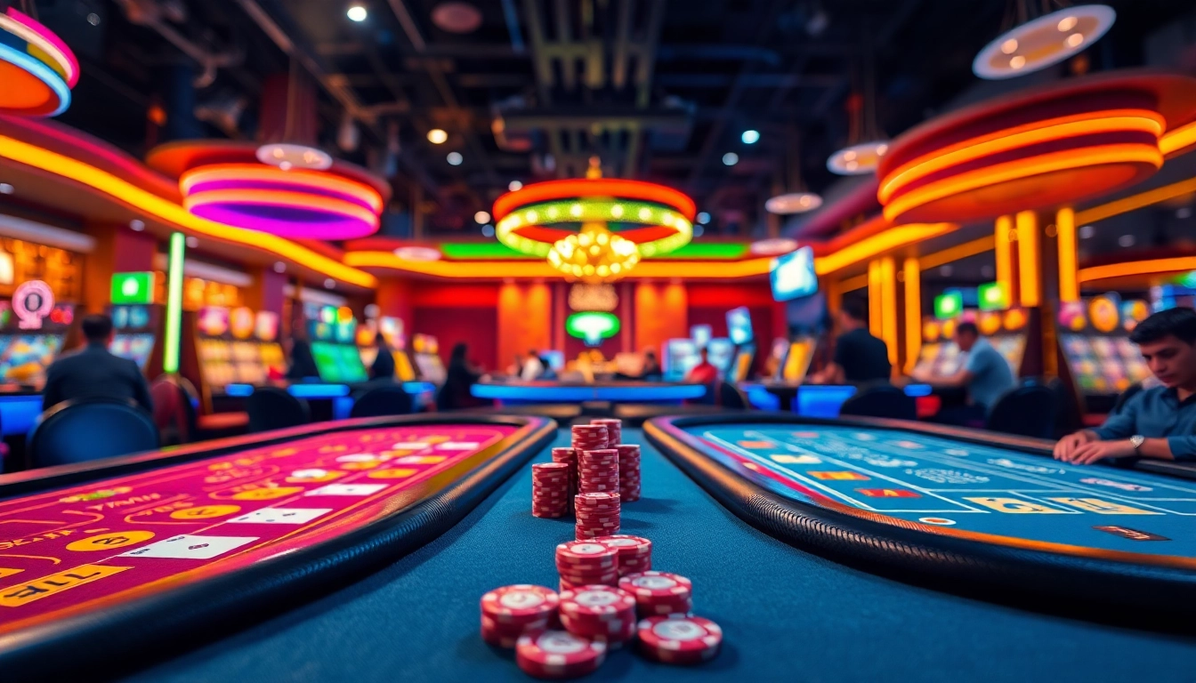 Les joueurs s'amusent au casino en ligne avec des tables de jeux animées et des lumières vives.