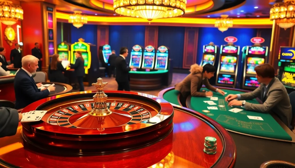 Scène de casino captivante mettant en valeur une roue de roulette vibrante et des joueurs de poker soulignant le casino en ligne argent réel pour une expérience de jeu palpitante.