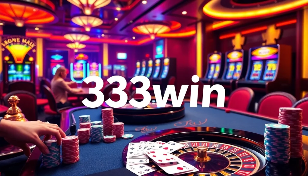 Experience the thrill of 33win at a luxurious casino with roulette, poker chips, and eager players.