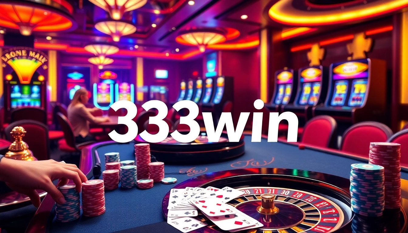 Experience the thrill of 33win at a luxurious casino with roulette, poker chips, and eager players.
