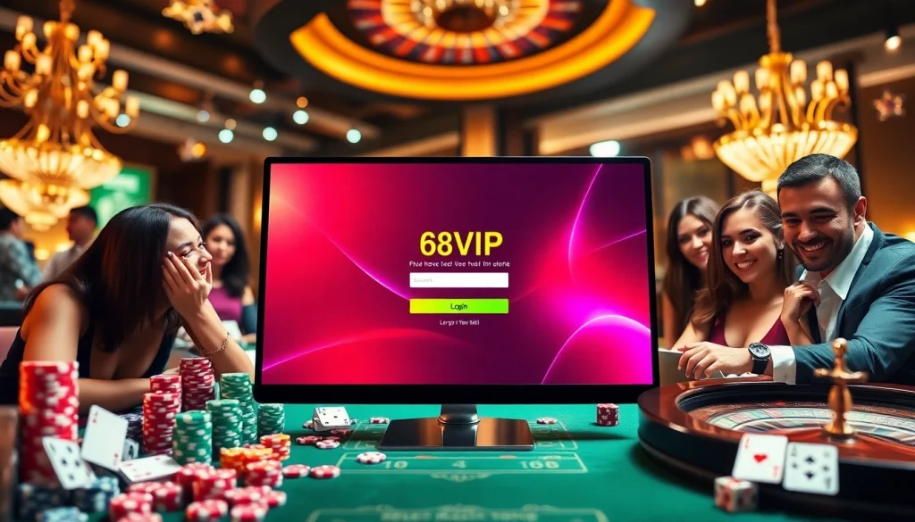 Engage with Đăng Nhập Nhà Cái 68VIP on an elegant online gambling interface amidst vibrant casino elements.