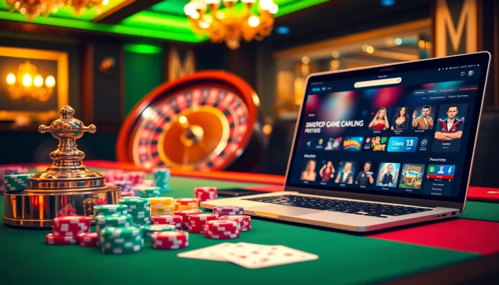 Thrilling online gambling experience at 33win with vibrant casino tables and roulette wheels.