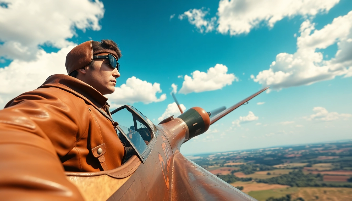 Revivez l'aviator game avec un pilote vintage et un avion classique survolant un paysage pittoresque.