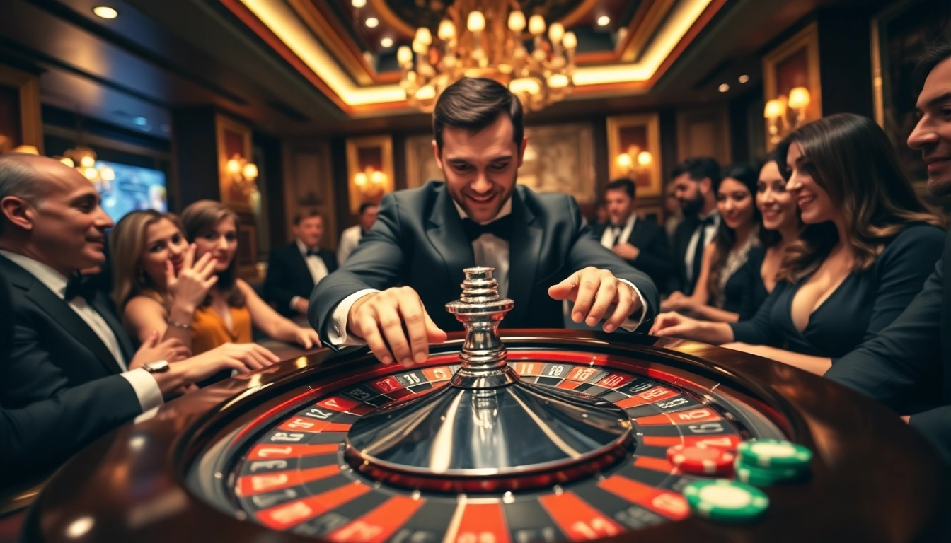 Retrouvez le meilleur casino en ligne avec des joueurs enthousiastes autour d'une table de roulette.