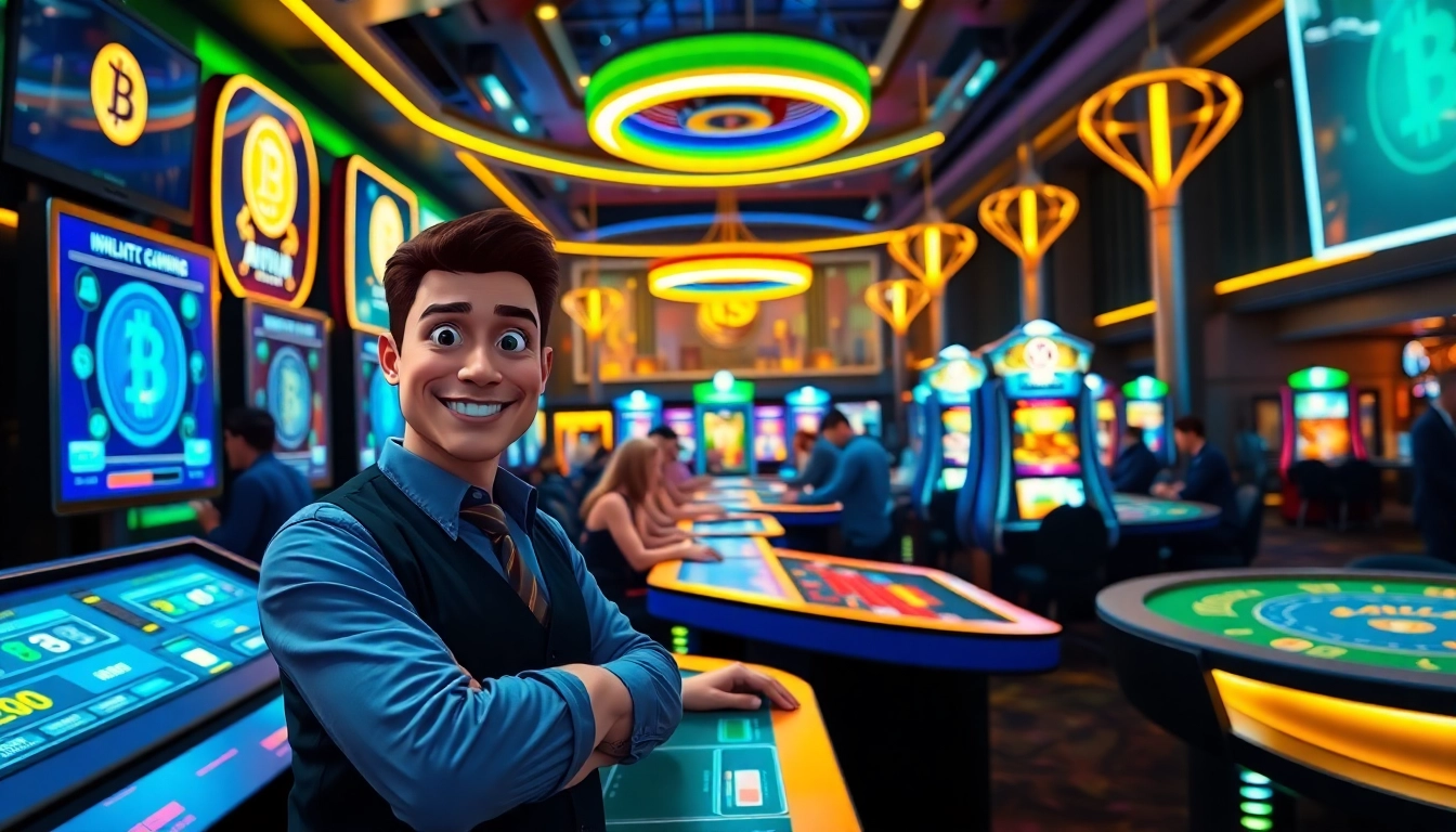 Joueurs profitant des crypto casinos modernes dans une ambiance animée et numérique.