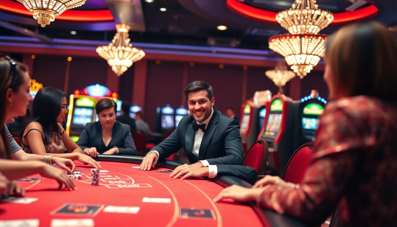 Vibrant scene of casino fiable en ligne with players at poker tables and slot machines.