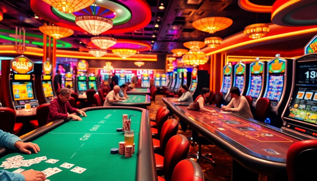Meilleur casino en ligne avec des joueurs engagés autour de tables lumineuses.