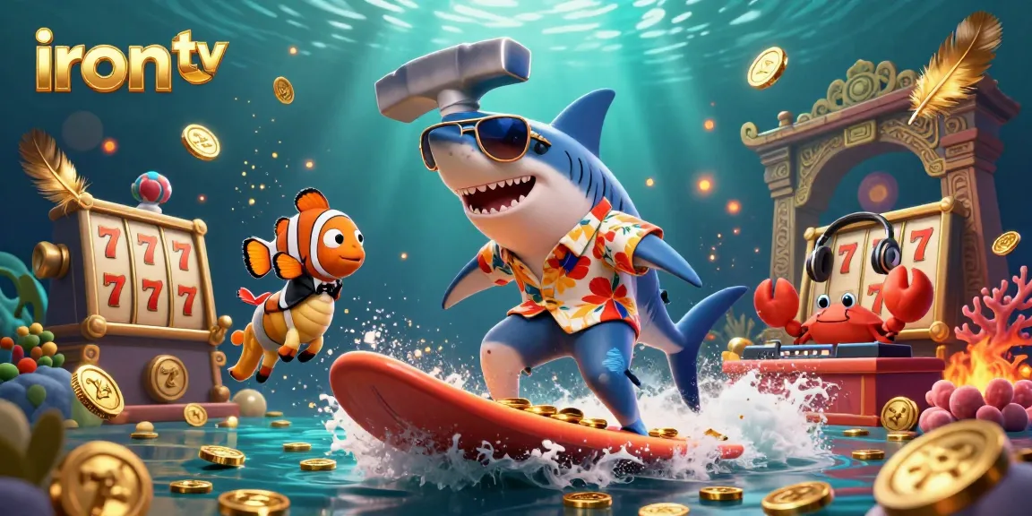 Engage with iron tv as a hammer-head shark rides a wave of gold in a vibrant gaming scene.