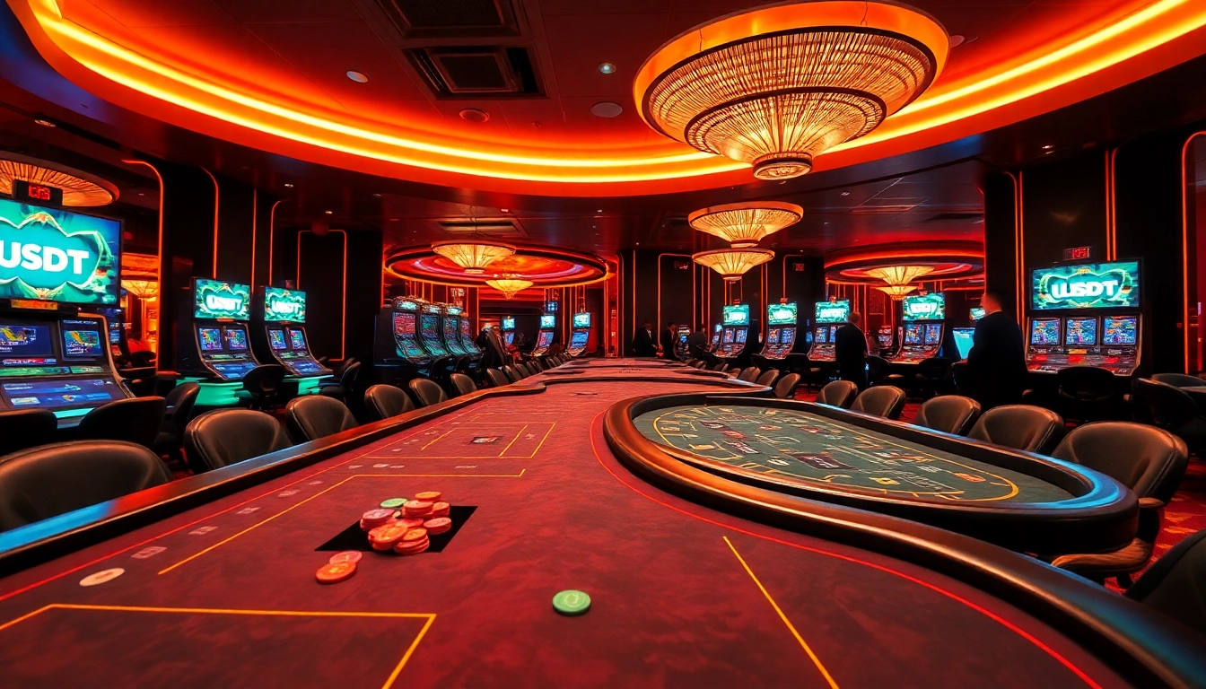 Jouer au casino usdt avec des tables brillantes et des jetons colorés dans une atmosphère vibrante.