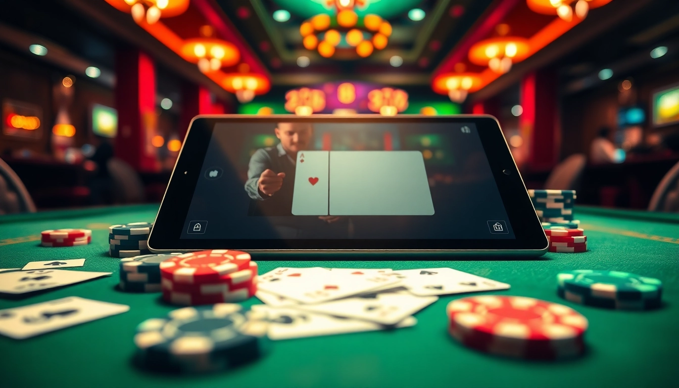 Utilisez une application de poker moderne sur une tablette avec des jetons et des cartes.