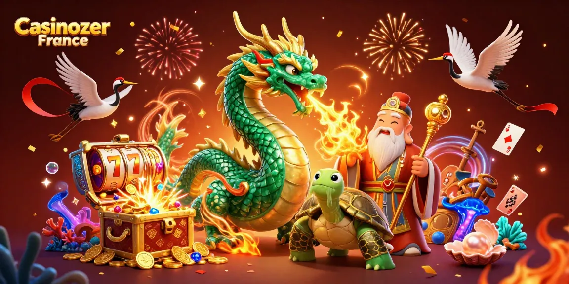 Découvrez des machines à sous palpitantes et des gains épiques chez Casinozer France avec un dragon vibrant et des symboles de chance.