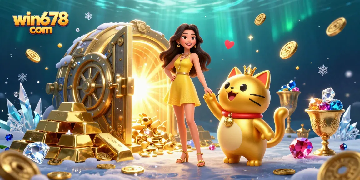 Win678 com celebrates exotic casino gaming with vibrant colors, golden coins, and a lucky cat mascot.