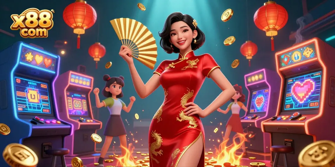 Win big at x88 com with stunning casino gameplay featuring vibrant slot machines and beautiful Asian themed decor.