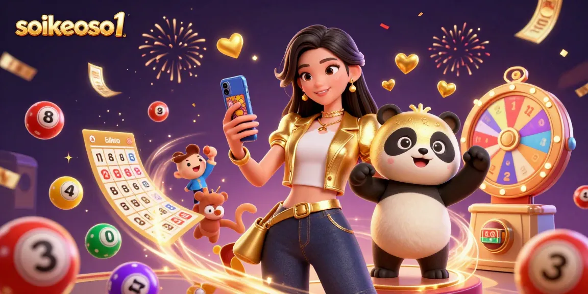 Experience thrilling lottery excitement with soikeoso1 as a woman and panda celebrate game wins.