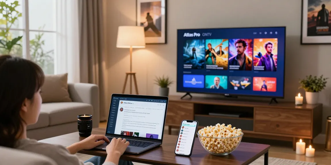 Relaxing living room with Smart TV streaming Atlas Pro ONTV, cozy atmosphere.