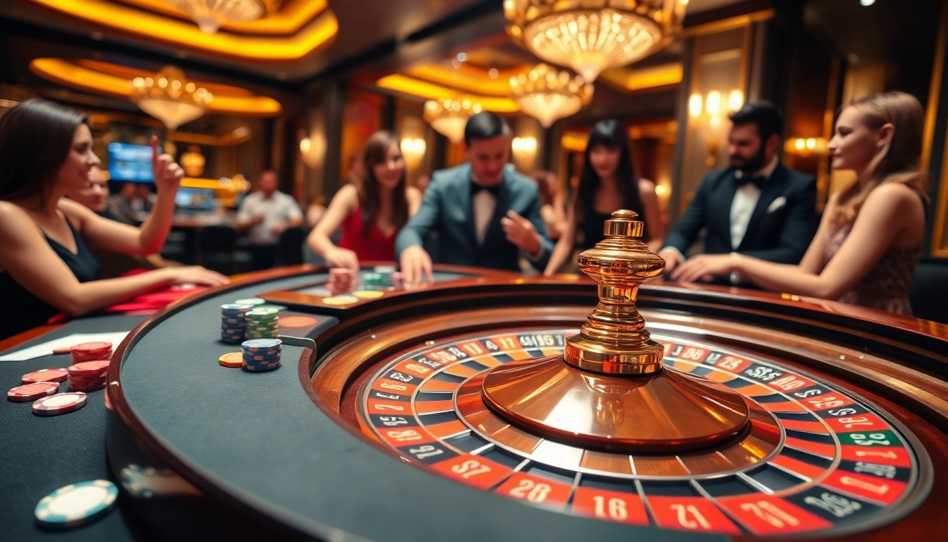 Jouer au usdt casino sur une table de roulette avec des joueurs engagés et un croupier enthousiaste.
