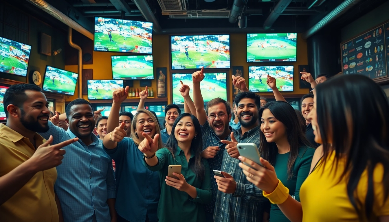 Vibrant scene of fans enjoying a site de paris sportif hors ARJEL in a lively sports bar.